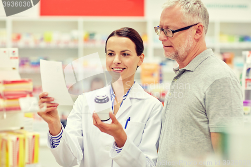 Image of pharmacist and senior man buying drug at pharmacy