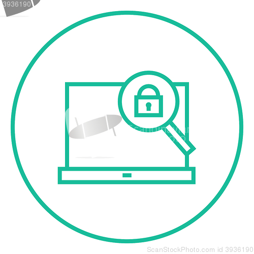 Image of Laptop and magnifying glass line icon.