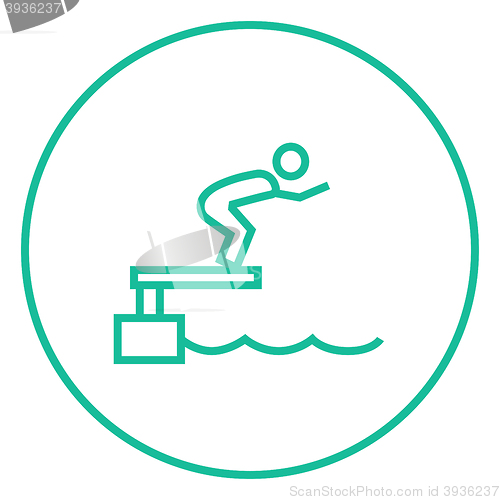 Image of Swimmer jumping from starting block in pool line icon.