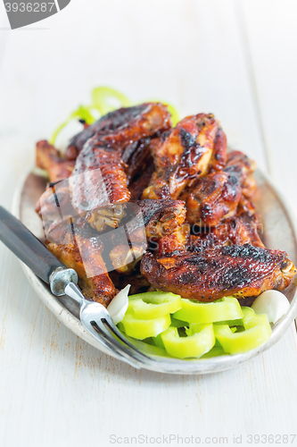 Image of Chicken wings on a plate with green pepper.