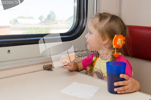 Image of Little girl drinking tea with a sandwich on the train at the table on outboard second-class carriage and enthusiastically looking out the window