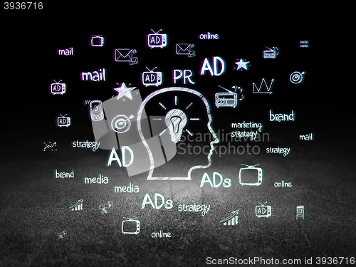 Image of Advertising concept: Head With Lightbulb in grunge dark room