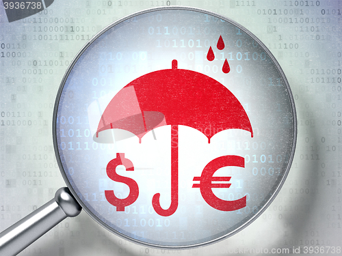 Image of Protection concept: Money And Umbrella with optical glass on digital background