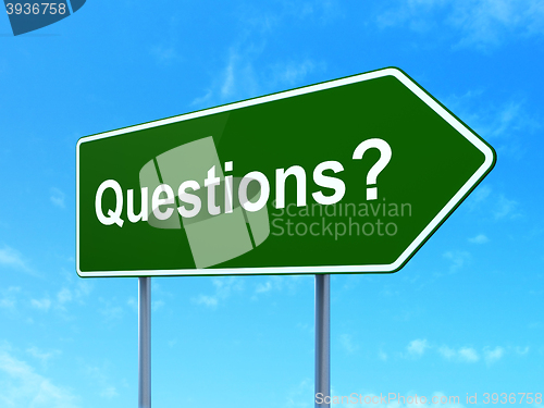 Image of Education concept: Questions? on road sign background