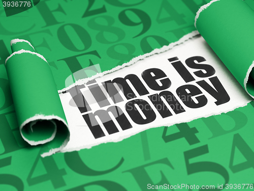 Image of Timeline concept: black text Time is Money under the piece of  torn paper