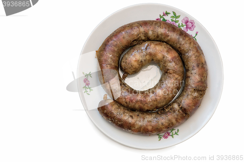 Image of Fried pork sausage are homemade on a white background.