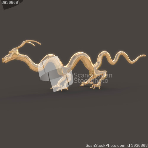 Image of 3d render. Golden statue of a very long Chinese dragon