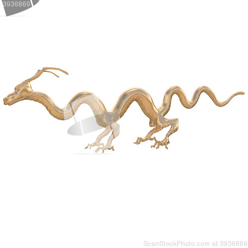 Image of 3d render. Golden statue of a very long Chinese dragon