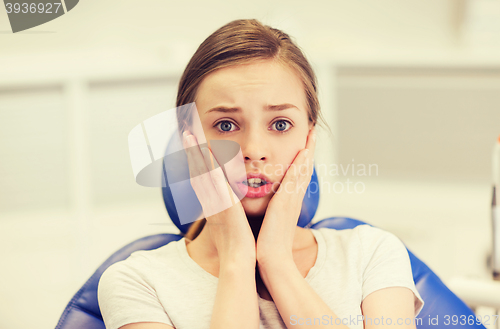 Image of scared and terrified patient girl at dental clinic