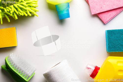 Image of House cleaning products on white table