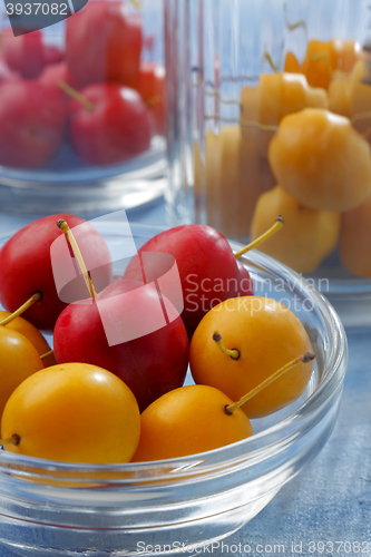 Image of Glass containers filled by yellow and red mirabelle plums