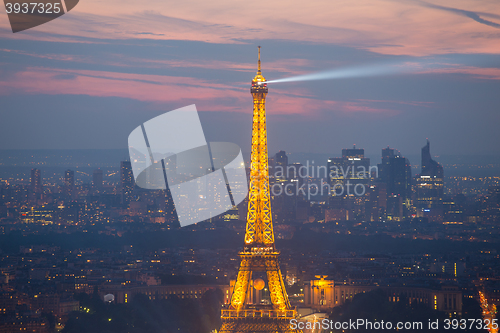 Image of Eiffel Tower and Paris cityscape from above, France