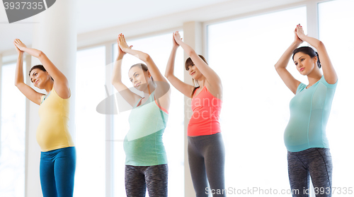 Image of happy pregnant women exercising in gym