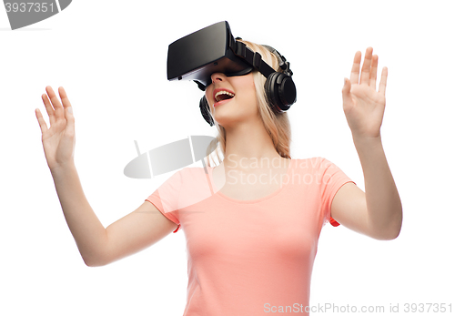 Image of woman in virtual reality headset or 3d glasses