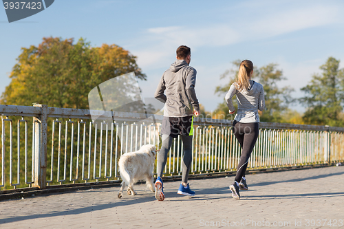 Image of couple with dog running outdoors