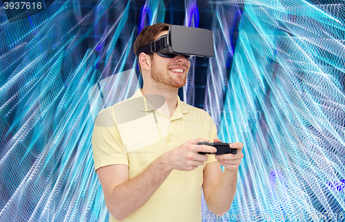 Image of man in virtual reality headset or 3d glasses