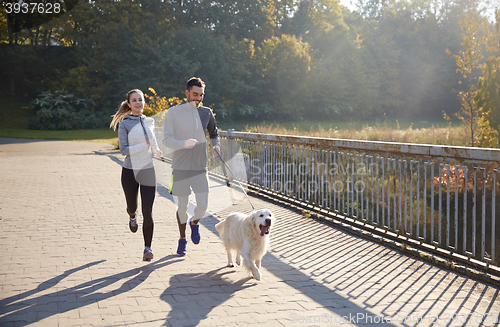 Image of happy couple with dog running outdoors