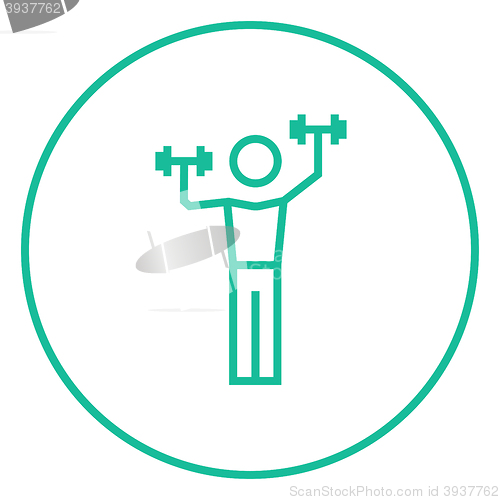 Image of Man exercising with dumbbells line icon.