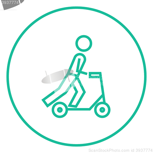 Image of Man riding kick scooter line icon.