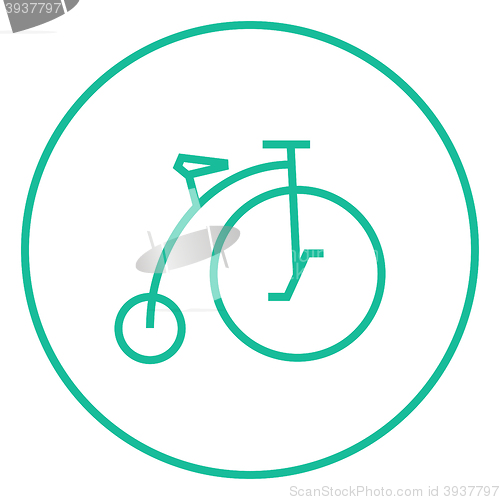Image of Old bicycle with big wheel line icon.