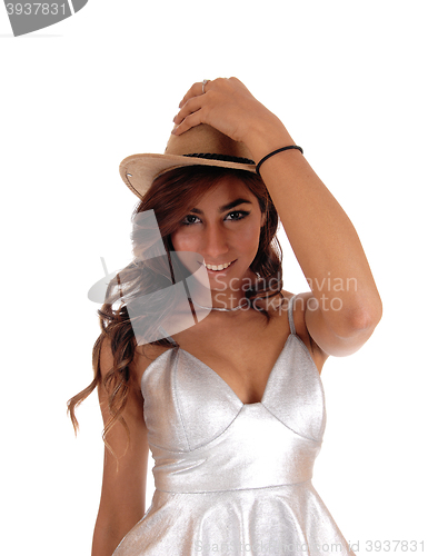 Image of Pretty girl in dress and cowboy hat.