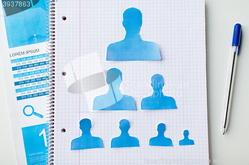Image of close up of paper human shapes on notebook