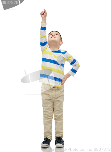 Image of happy smiling little boy with raised hand