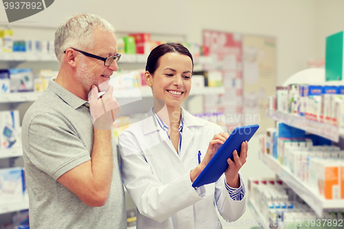 Image of pharmacist with tablet pc and senior man