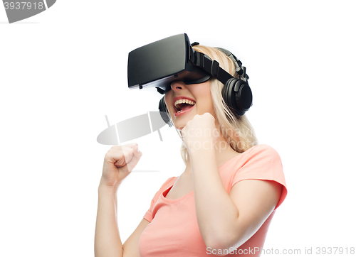 Image of woman in virtual reality headset or 3d glasses