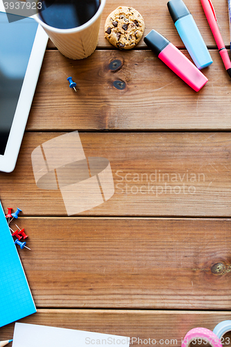 Image of close up of stationery or school supplies on table