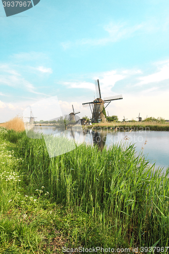 Image of Traditional Dutch windmills with green grass in the foreground, The Netherlands