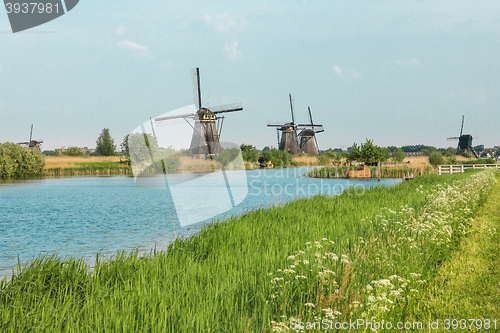 Image of Traditional Dutch windmills with green grass in the foreground, The Netherlands