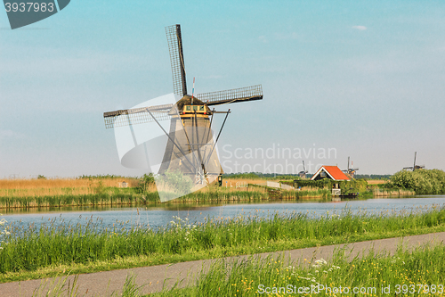 Image of Traditional Dutch windmills with green grass in the foreground, The Netherlands