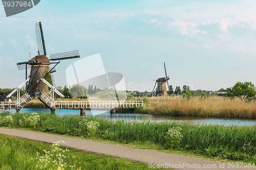 Image of Traditional Dutch windmills with green grass in the foreground, The Netherlands