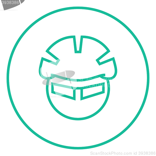 Image of Man in bicycle helmet and glasses line icon.