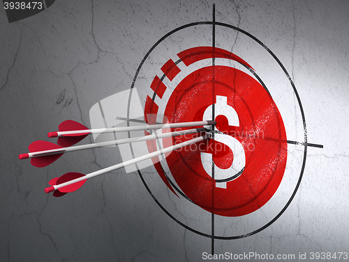 Image of Banking concept: arrows in Dollar Coin target on wall background