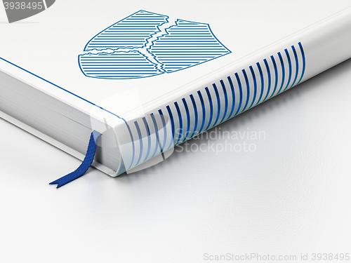 Image of Privacy concept: closed book, Broken Shield on white background