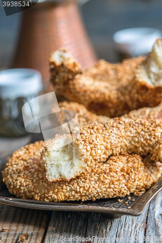 Image of Tray with Turkish bagels closeup.