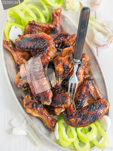 Image of Plate with chicken wings in a sweet glaze. 