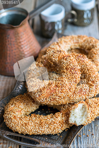 Image of Delicious bagels with sesame seeds to Turkish coffee.