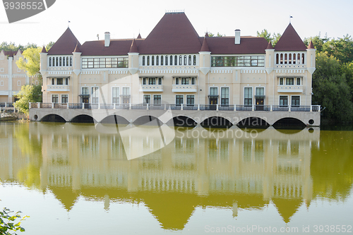 Image of Moscow, Russia - August 11, 2015: A beautiful building - the castle on the lake in the territory of the Exhibition Center, Moscow, Prospekt Mira, REC, 119, page 511