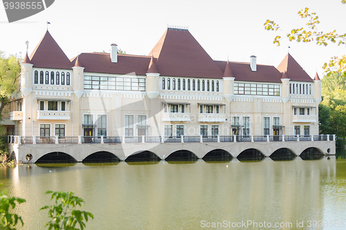 Image of Moscow, Russia - August 11, 2015: A beautiful building - the castle on the lake in the territory of the Exhibition Center, Moscow, Prospekt Mira, REC, 119, page 511