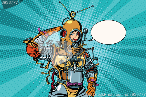 Image of Retro woman salutes astronaut or deep sea diver