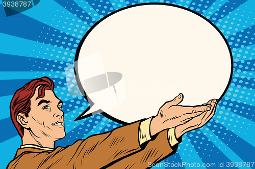 Image of Retro businessman holding a comic bubble