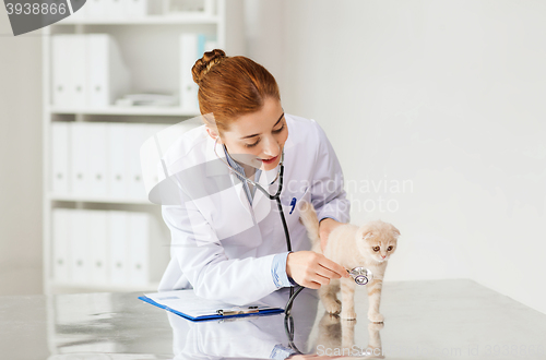 Image of happy veterinarian with kitten at vet clinic