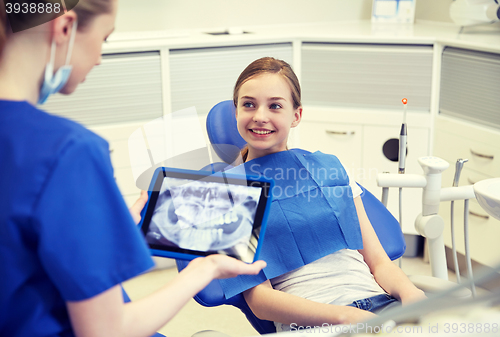 Image of dentist with x-ray on tablet pc and patient girl