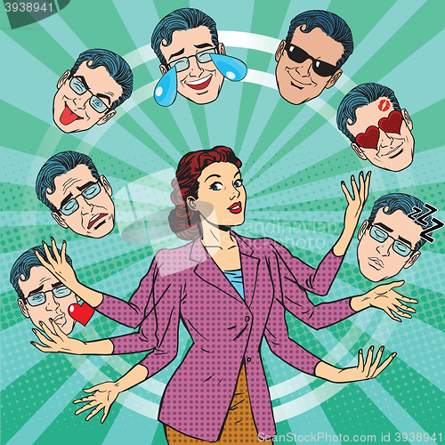Image of Retro woman juggles the emotions of men