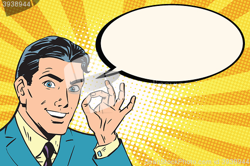 Image of Beautiful retro businessman announces pop art