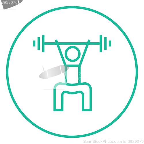 Image of Man exercising with barbell line icon.