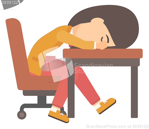 Image of Woman sleeping on table.